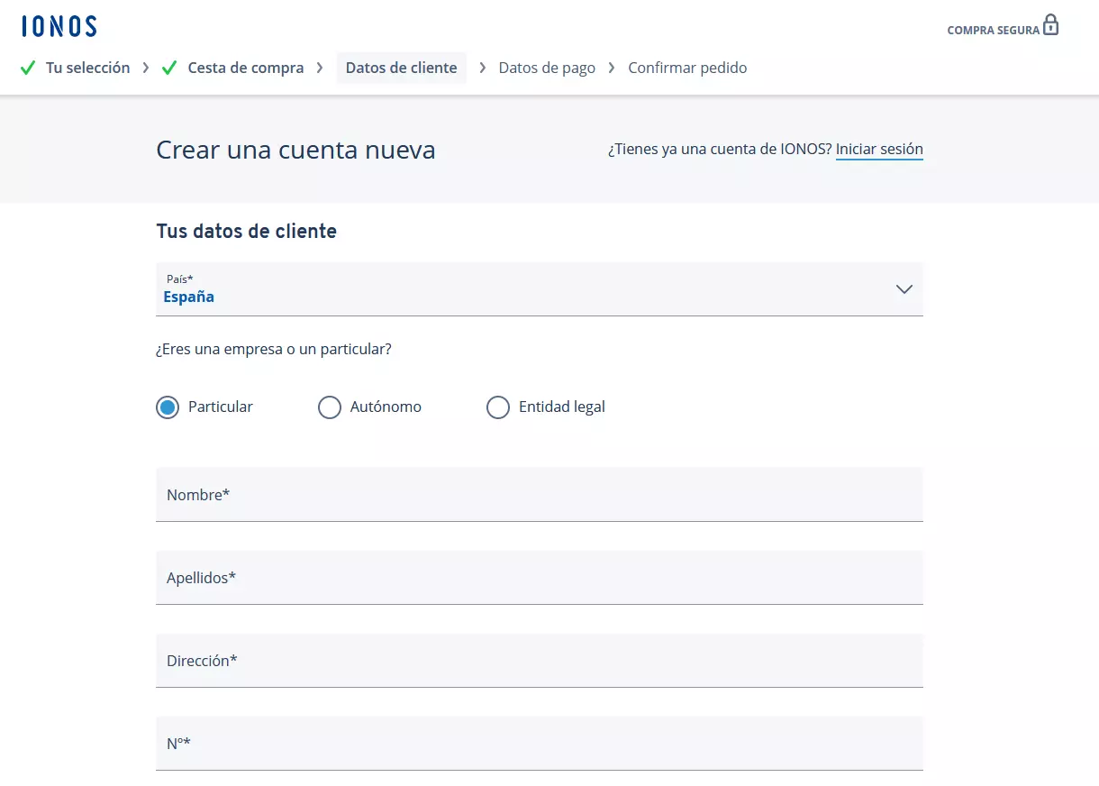Formulario para registrar dominio con IONOS Imagen: Formulario para registrar dominio con IONOS