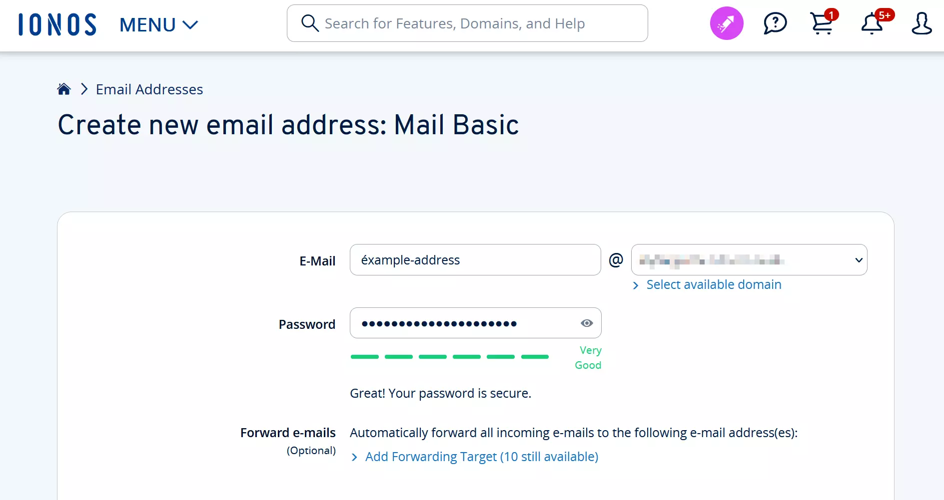 Crear una nueva dirección de correo electrónico en el panel de control de IONOS Imagen: Crear una nueva dirección de correo electrónico en el panel de control de IONOS