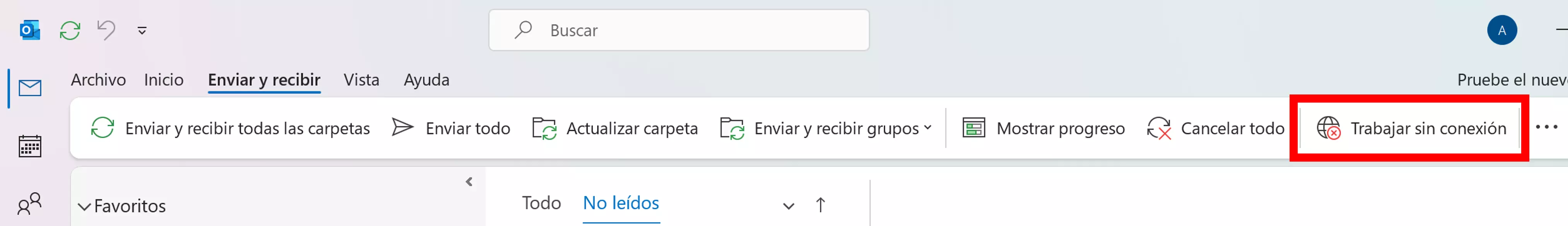 Barra de menú de Microsoft Outlook, pestaña “Enviar y recibir” Imagen: Barra de menú de Microsoft Outlook, pestaña “Enviar y recibir”